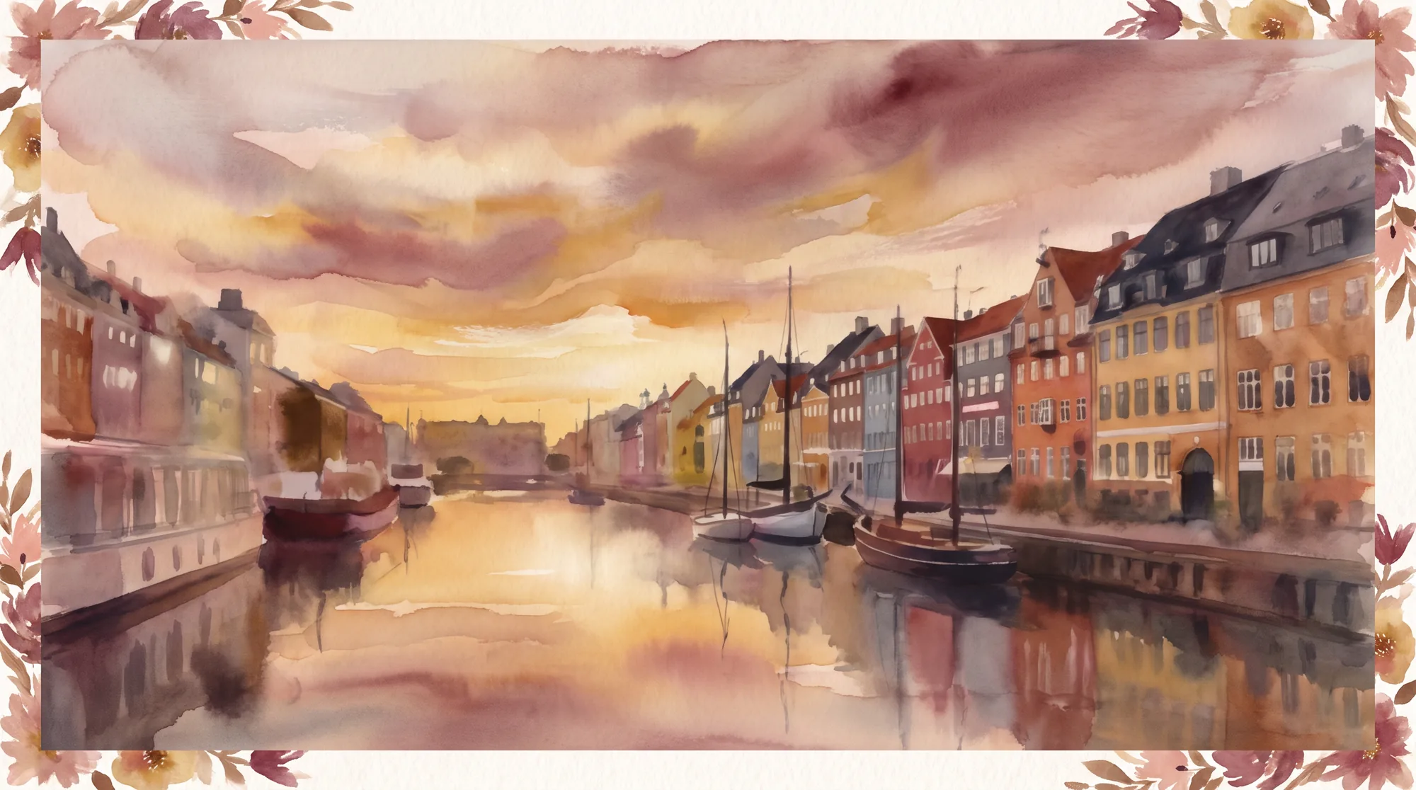 Watercolor illustration of Nyhavn's colorful harbor houses and boats at sunset