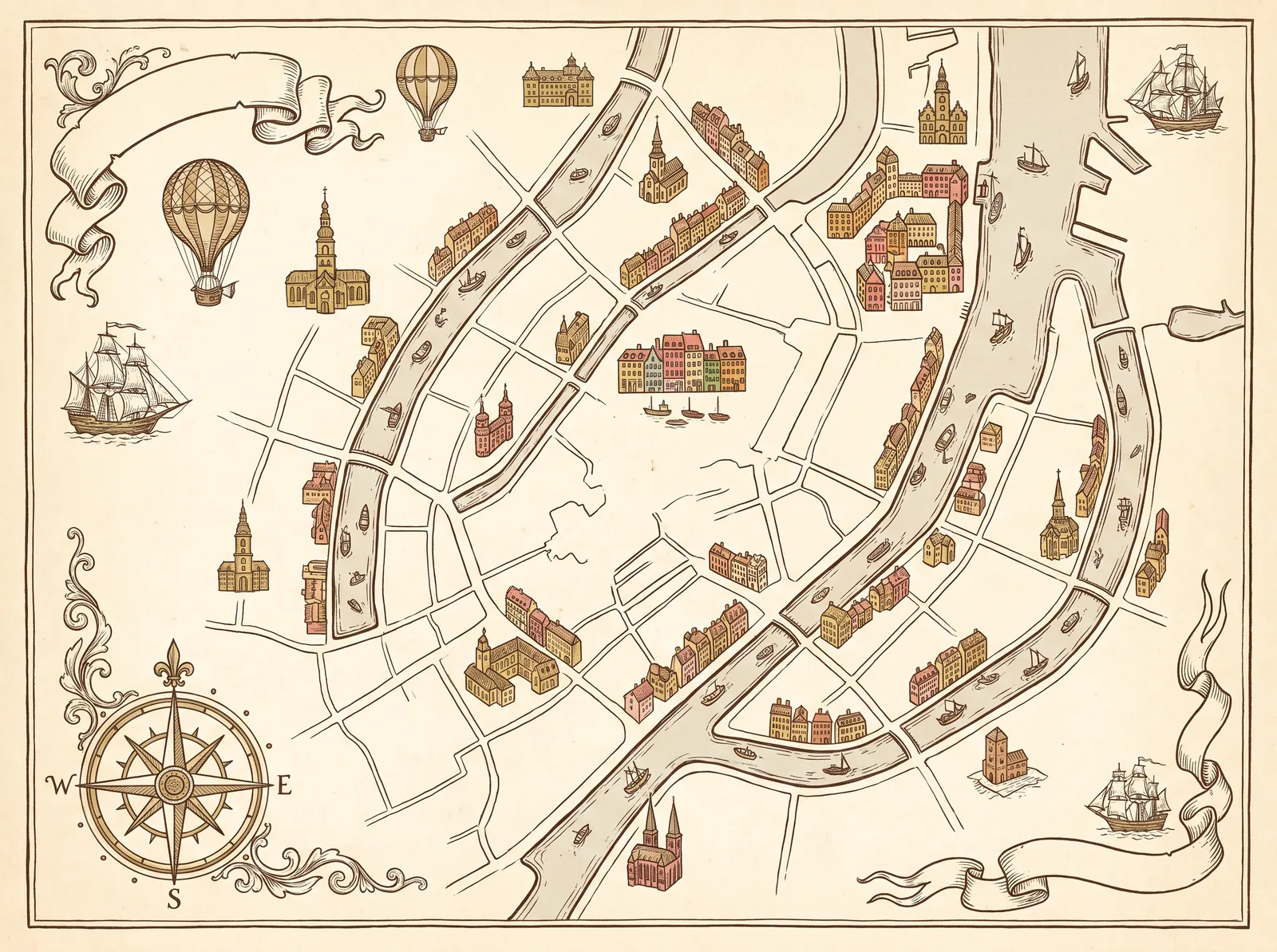 Decorative illustration of an antique map of Copenhagen with canals and illustrated buildings